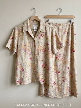 VINTAGE 90s COTTAGECORE LINEN BLEND TWO-PIECE SET maxi skirt floral button down